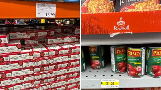 Costco 的 Kirkland Signature 番茄酱盒装。右图：Dollarama 货架上的 Primo 番茄酱罐装
