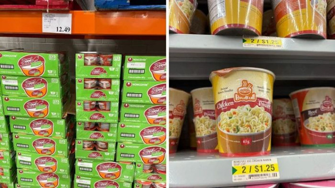 Costco 的辣味泡菜方便面一盒盒装碗面。右图：Dollarama 货架上摆满了满满一碗鸡肉味方便面