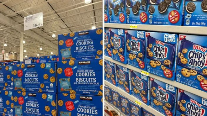 Costco 出售的 Kirkland Signature 迷你巧克力曲奇饼干盒。右图：Dollarama 货架上的 Chips Ahoy 迷你巧克力曲奇饼干盒