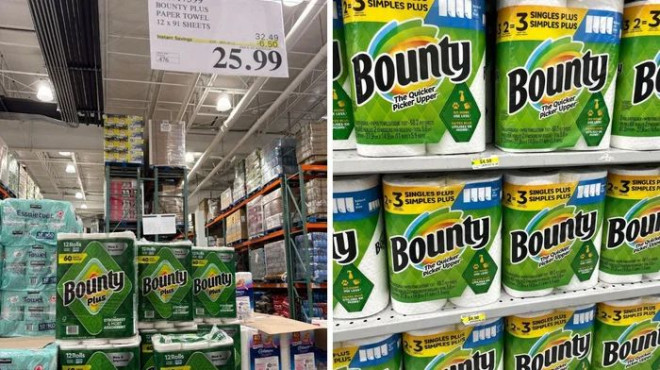 Costco 的 Bounty 纸巾。右图：Dollarama 货架上的 Bounty 纸巾