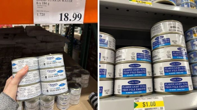 一名男子在 Costco 超市里拿着海洋金枪鱼罐头。右图：Dollarama 超市货架上的 Pacific Pride 金枪鱼罐头