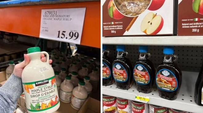 有人在 Costco 拿着一瓶 Kirkland Signature 枫糖浆。右图：Dollarama 货架上的 Steeves 枫糖浆