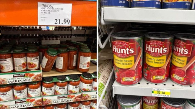 Costco 出售的 Kirkland Signature marinara 酱。右图：Dollarama 货架上的 Hunt's 番茄酱罐头