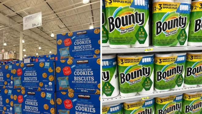 好市多 (Costco) 的 Kirkland Signature 迷你巧克力曲奇饼干盒。右图：dollarama 货架上的 Bounty 纸巾包。