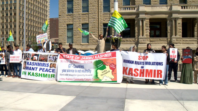 A large group of people calling for an independent state in Kashmir was amongst the groups that gathered in front of Calgary city hall.
