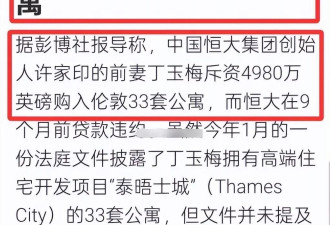 许家印前妻花4980万英镑，在伦敦购入33套豪华公寓