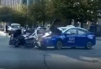 温哥华惨烈车祸：摩托交警被撞飞，直击前挡风！