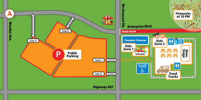 Map showing Public Parking and Canada Day event points of interest.