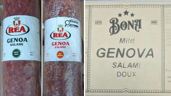 The Public Health Agency of Canada issued an updated notice Wednesday about illnesses linked to Rea brand Genoa Salami Sweet, Rea brand Genoa Salami Hot and Bona brand Mild Genova Salami. Labels from the products are seen in this June 10, 2025, composite of handout images. (THE CANADIAN PRESS/HO-Canadian Food Inspection Agency)