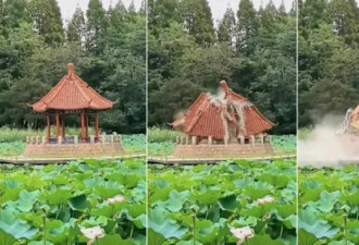 游客手机抓拍：青岛4A景区的凉亭 自己就塌了…