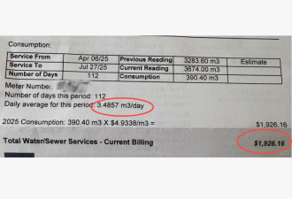 网友质疑：多伦多水费账单$1900，平均每天用了3.5吨水！