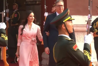 武契奇夫人观看阅兵美翻了！粉色玫瑰花裙好温婉，挽着武契奇很甜