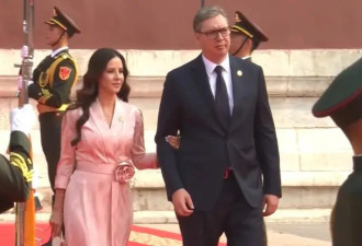 武契奇夫人观看阅兵美翻了！粉色玫瑰花裙好温婉，挽着武契奇很甜