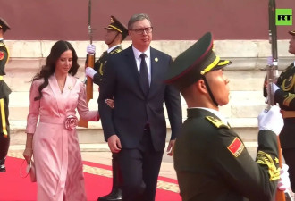 武契奇夫人观看阅兵美翻了！粉色玫瑰花裙好温婉，挽着武契奇很甜