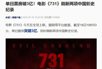 单日票房破3亿！电影《731》刷新中国影史纪录
