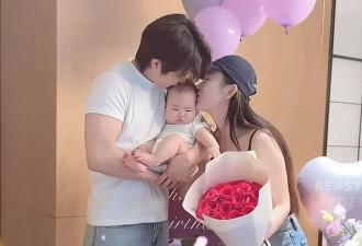 张檬为老公过37岁生日，夫妻抱娃甜蜜亲吻