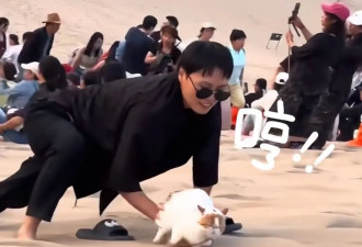 她四肢攀爬“用嘴叼爱猫” 爬上敦煌鸣沙山