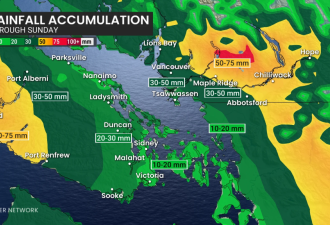 BC沿海周末迎来狂风暴雨降雪 大温降雨量可达50毫米