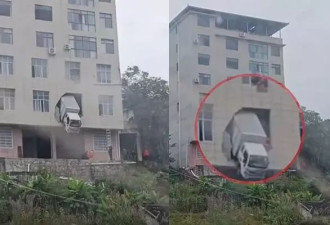 湖北货车“撞破2楼墙面” 车头卡半空惊险画面曝