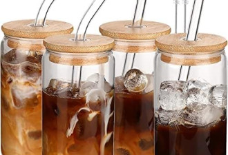 黑五9折，冰咖啡杯、带盖和吸管的玻璃杯 4 件