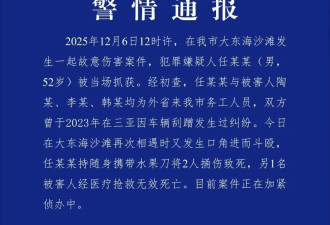 男子在三亚海滩持刀伤人致3死，警方通报
