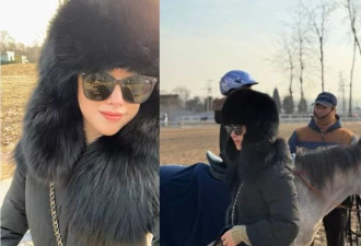 朱珠带女儿骑马！戴貂毛帽子超怕冷