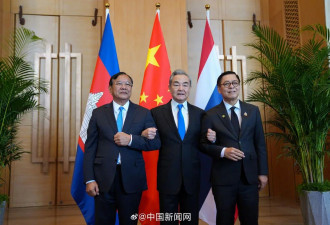 现场画面：中柬泰三国外长挽手臂合影