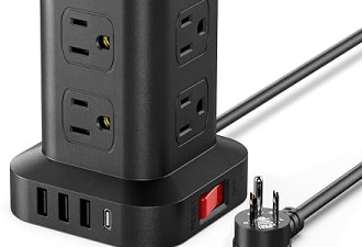 7.9折，带电涌保护器的塔式电源棒，12 个宽插座和 4 个 USB