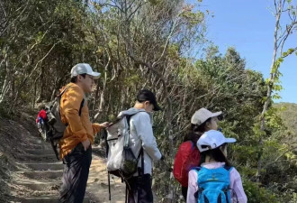 霍启刚一家五口爬山，3个孩子全程自己背包不娇气
