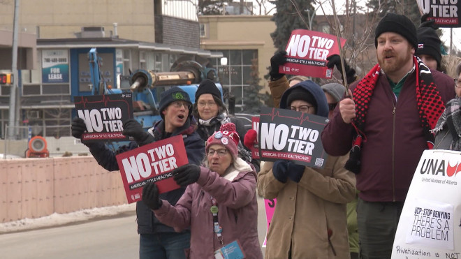 Supporters of Canada's public health care system claim Alberta's Bill 11, which allows some doctors to work in both the public and private health care systems, is a violation of the Canada Health Act.