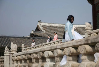 韩国春日景福宫游人如织 民众穿韩服打卡拍照