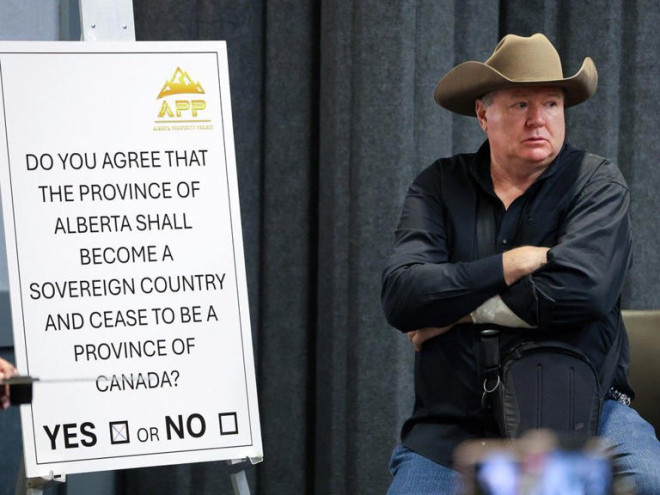 Jeff Rath with the Alberta Prosperity Project speaks during a news conference at Hotel Arts on May 12.