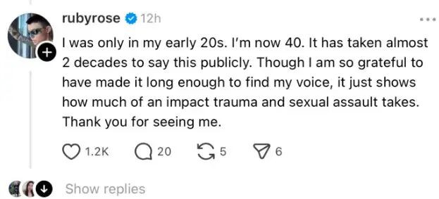 A screenshot of Ruby Rose's Threads post.