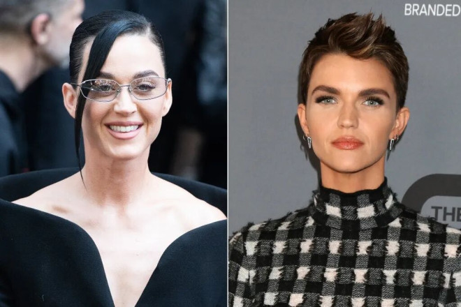 (L-R:) Katy Perry attending the Balenciaga Haute Couture Fall/Winter 2025/2026 show as part of Paris Fashion Week in Paris, France on July 09, 2025 and Ruby Rose at arrivals for The CW's Summer TCA All Star Party, The Beverly Hilton, Beverly Hills, CA August 4, 2019.