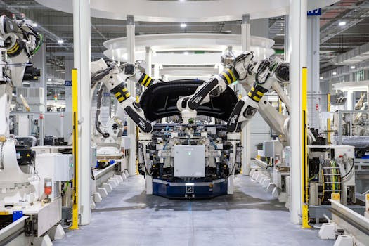 High-tech robots assembling a car in a modern factory setti…