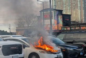 士嘉堡购物中心停车场本田起火，邻车倒霉，车主不在现场