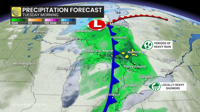 安省周二早晨降水时段示意图