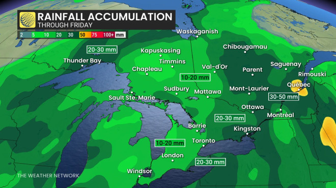 安省本周五前的累计降雨量