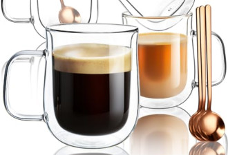 限时8.2折，双层透明玻璃咖啡杯 4 件套（12 盎司）