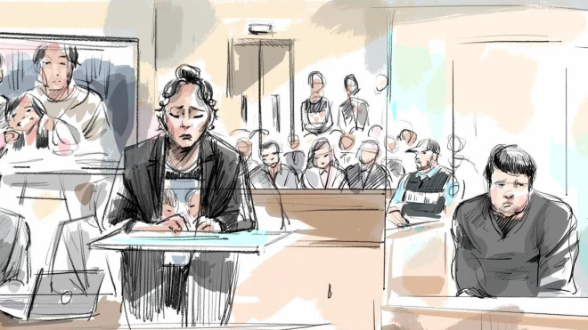 Ethan Lehouillier 在法庭素描中出现在量刑听证会受害者陈述环节