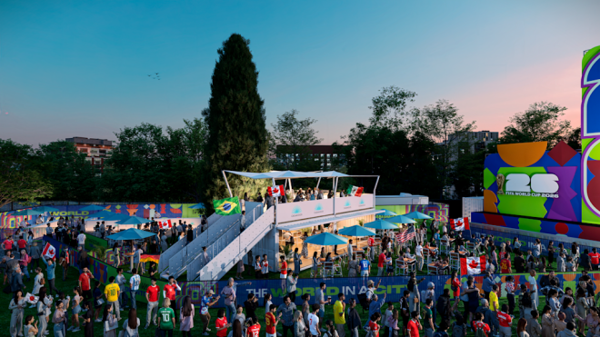 A rendering of people mingling on a terrace outside facing a large stage and screen showing a soccer game.