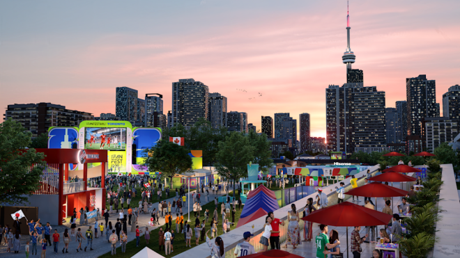 A rendering of people mingling in a festival area with red umbrellas and cocktail table with a large screen showing a soccer game in the background.