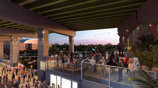 A rendering of a crowd of people mingling around a large outdoor viewing screen showing a soccer game and cocktail tables in the evening with strings of lights overhead.