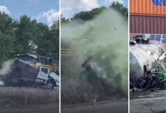 美国列车撞飞吸粪车 储罐爆裂绿色液体喷溅