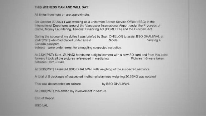 加拿大机场安保 CBSA 报告显示 Nicole 因箱内查获 8 包共逾 20 公斤甲基苯丙胺被捕。