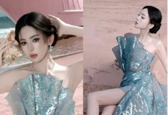 娜扎穿冰蓝色高开叉长裙大秀修长美腿！魔鬼身材性感火辣