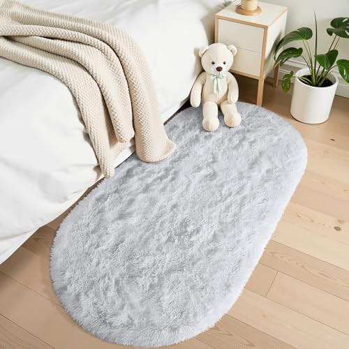 OLANLY Oval Bedroom Rug 2.6x5.3 Silver