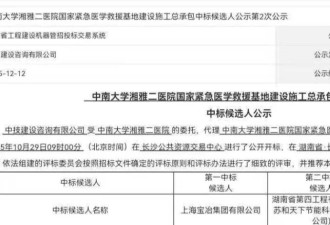 医院8亿元工程前6名落选 第8名中标 官方通报