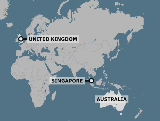 世界地图标注加拿大、英国、澳大利亚、新加坡