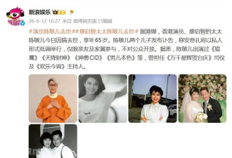 香港演员陈敏儿去世享年65岁,曾出演《猎鹰》女主